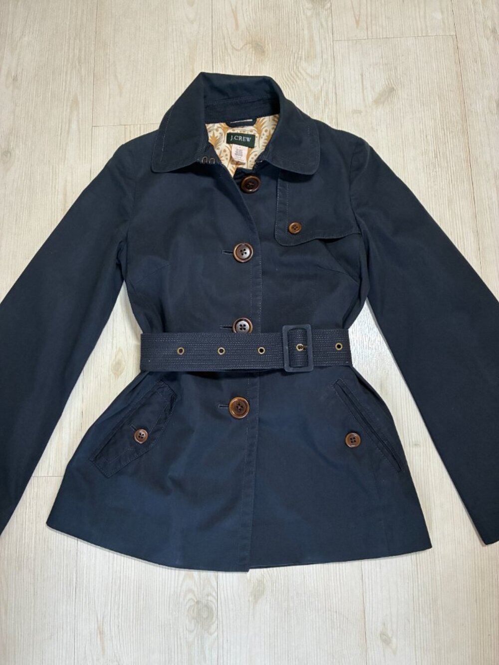 J Crew Women’s Short Belted Travel Trench Coat Navy Blue Patterned Lining Size 0 - Picture 6 of 7